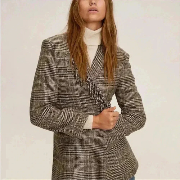 Mango Wool Blend Fringe Plaid Blazer Sz S - Picture 1 of 11